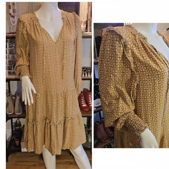 NWT Beige Yellow printed Frill dress XL fits 10 max - Picture 1 of 5